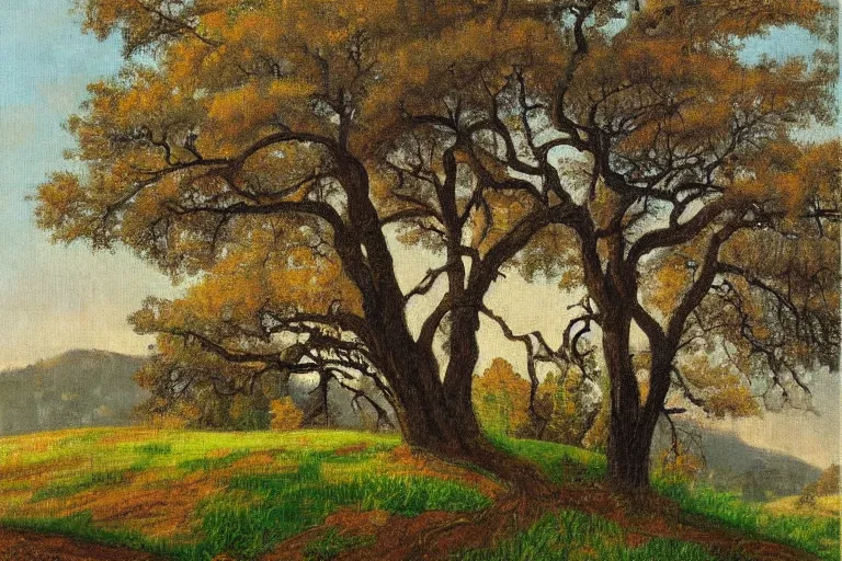 Image similar to masterpiece painting of oak trees on a hillside overlooking a creek, by gunnar widforss