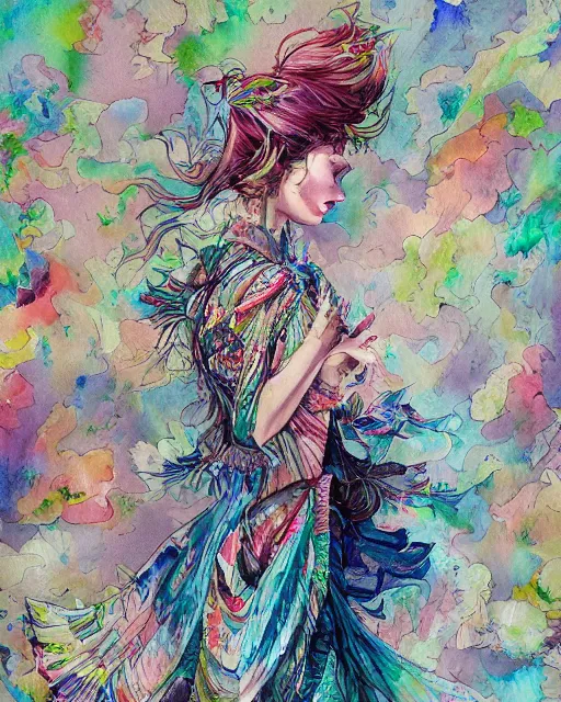 Prompt: watercolor full body portrait of wearing a frilly dress, romantisism, outrun, pastel painting, dramatic, detailed, by android jones
