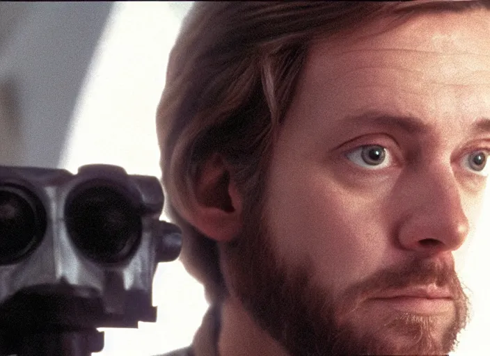 Image similar to portrait of Mark Hammill, screenshot from the iconic scene from the lost star wars 1980s film directed by Stanley Kubrick, cinematic lighting, unsettling set design with extreme detail, moody cinematography, with anamorphic lenses, crisp, detailed, 4k image