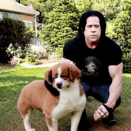 Image similar to glenn danzig stealing puppies from a backyard,