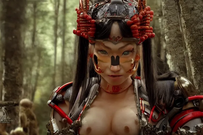 Image similar to vfx movie scene closeup nomad cyborg warrior viking geisha in a smoldering forest. by emmanuel lubezki