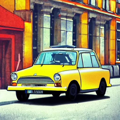 Image similar to a yellow trabant in berlin, illustration