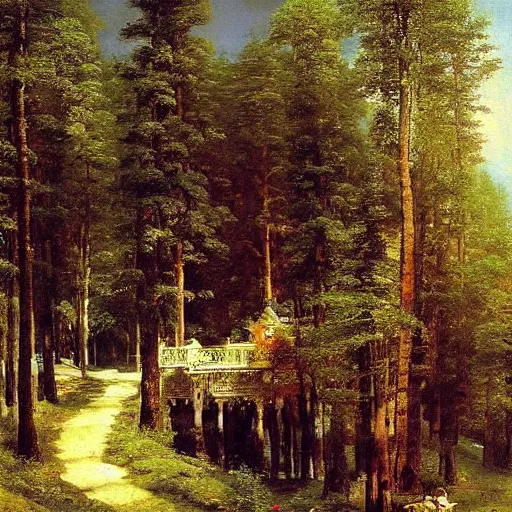 Image similar to masterpiece oil painting of a fantasy hotel in a beautiful forest by ivan shishkin and aivazovsky, highly detailed