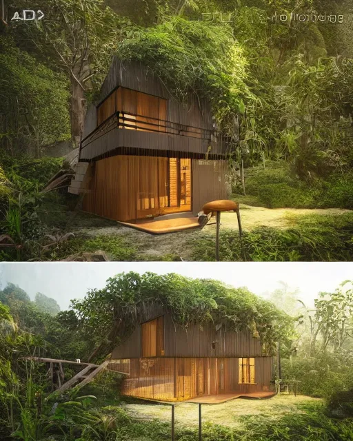 Image similar to a beautiful 3d renderings of a little house in the jungle, architecture by SOM Architect. Architectural photography, 14mm, cinematic photography, high resolution 4k, cg architects, vray