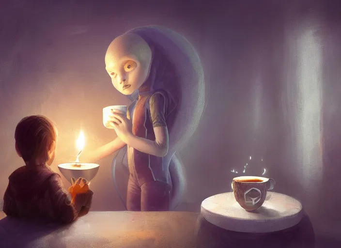 Prompt: alien child drinking hot coffee, lit by candles, digital painting, artstation, concept art, craig mullins, breathtaking, 8 k resolution, extremely detailed, beautiful, establishing shot, artistic, hyperrealistic, octane render, cinematic lighting, dramatic lighting, masterpiece, light brazen, extremely detailed and beautiful face
