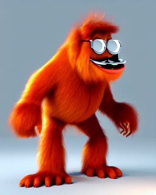 Prompt: 3 d render of completely red hairy friendly antropomorphic creature wearing chrome shades, without nose, smiling, full body, standing on 2 feet, in the style of pixar, white background, unreal engine 5, octane render, highly detailed hdr