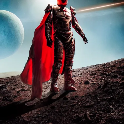 Image similar to a towering soldier, wearing blood - spattered glossy sleek white dinged scuffed armor and a long torn red cape, heroic posture, battle - weary, strained expression, determined expression, no helmet, on the surface of mars, dramatic lighting, cinematic, sci - fi, hyperrealistic, detailed