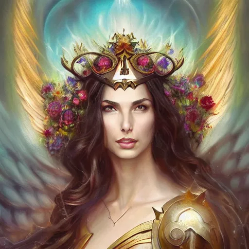 Image similar to fine art photo of the beauty goddess seraphim of the light gal gadot, she has a crown of mesmerizing flowers, by peter mohrbacher