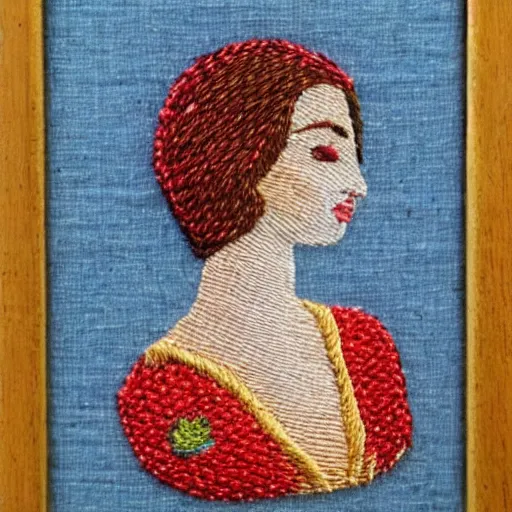 Image similar to a tiny beautiful handmade embroidery of a woman. hand embroidery.