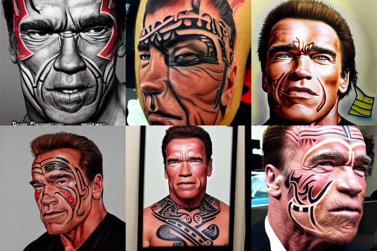 Prompt: arnold Schwarzenegger portrait with maori face tattoo