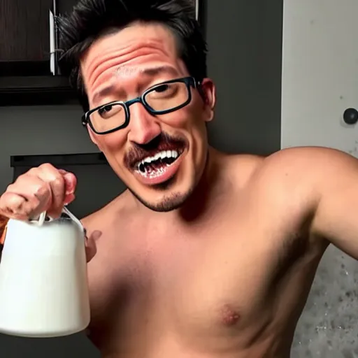 Image similar to markiplier slurping from a bucket of cream using a ladle, but spilling it all over his face and abs