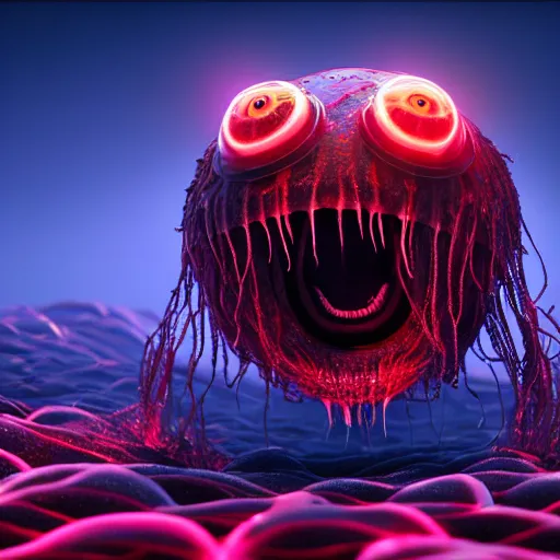 Image similar to a beautiful extreme wide photograph of a horrifying jellyfish monster with huge glowing eyes and sharp fangs in a wide open mouth, highly detailed, smooth, very very clean, 8 k, cinematic movie photograph, cinematic lighting, octane render, zbrush central contest winner, 3 d maya render