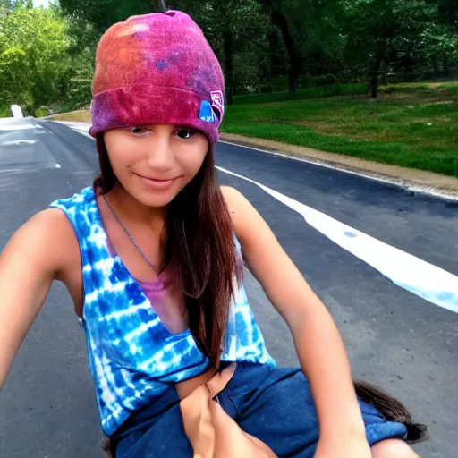 Prompt: girl lounging in a convertible car seats wearing a brown beanie and a faded tie-dye sleeveless shirt, selfie, faint smile