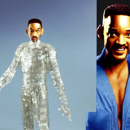 Image similar to will smith as iceman, clear ice, human sculpture, freezing gold, mr freeze, style if batman animated series