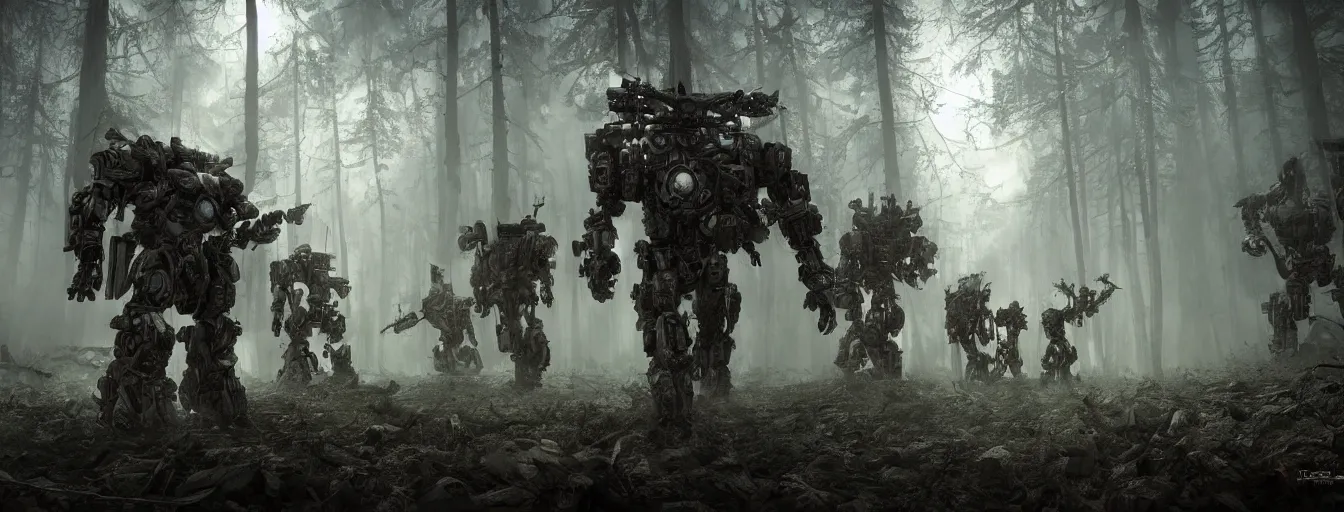 Image similar to image of deep forest with terrific and creepy mechwarriors with volumetric lights, running and hunting people, post - apocalyptic style, high detail, dramatic moment, motion blur, ground fog, dark atmosphere, saturated colors, by darek zabrocki, render in unreal engine - h 7 0 4