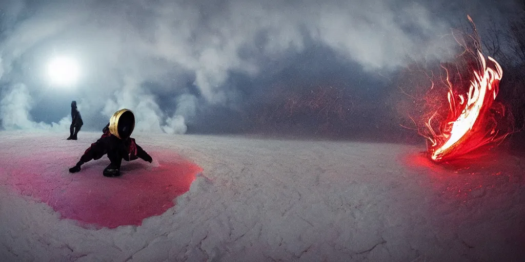 Image similar to fisheye slow motion with trail fire effect of futuristic break dancer wearing long dark cloak with glitter and golden helmet emitting fire, long exposure shot , enigmatic, at night in the middle of the arctic with red light A letter, paddle of water, steam, fog, water splashes, rim lights, glossy reflections, water droplets on lens, octane render, Volumetric dynamic lighting, stunning cover magazine, high details, hajime sorayama, glints, lens flares