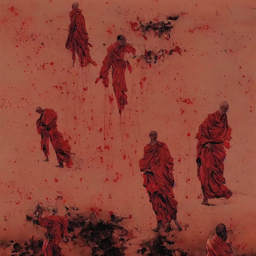 Prompt: ! dream faceless monks on a desert, red color scheme, high detailed beksinski painting, by adrian ghenie and gerhard richter. art by takato yamamoto. masterpiece, deep colours.