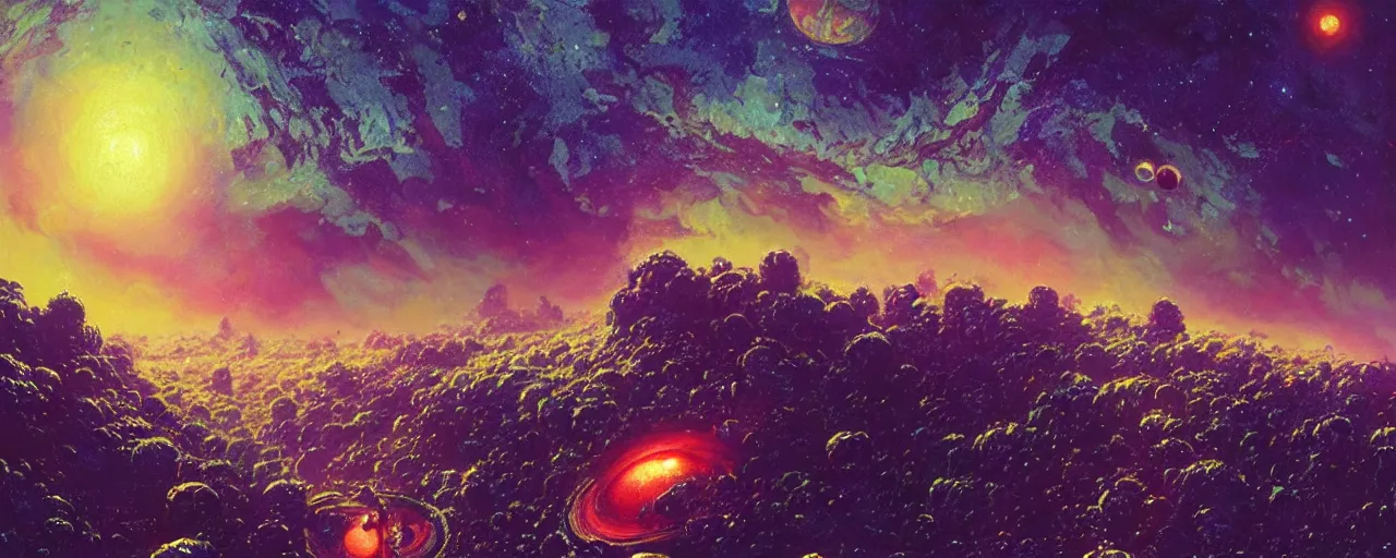 Prompt: ” outer planet covered in dripping honey, [ art by paul lehr, cinematic, detailed, epic, widescreen, opening, establishing, mattepainting, photorealistic, realistic textures, octane render ] ”