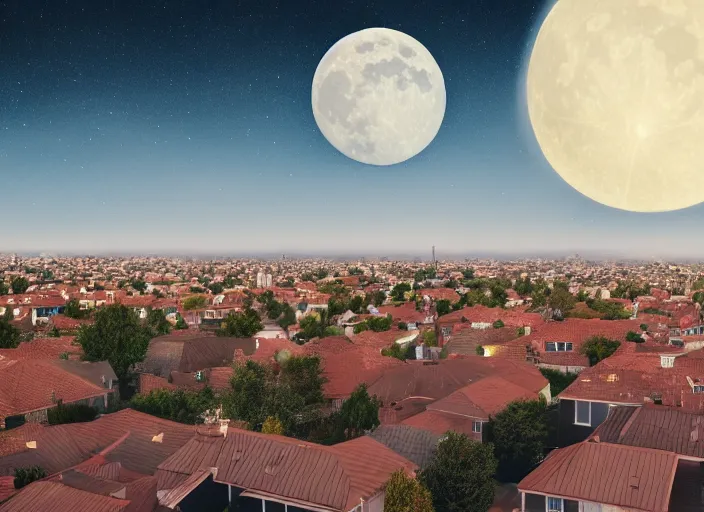 Prompt: thousands of different moons scattered across the sky. thousands of big moons, focus on the sky. thousands of houses in the city, hyperrealism, no blur, 4 k resolution, ultra detailed