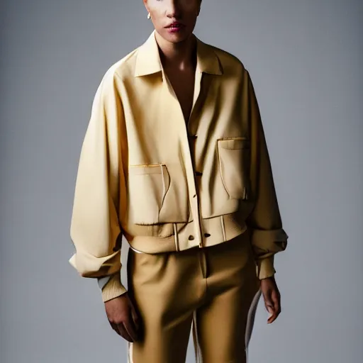 Image similar to realistic photoshooting for a new balenciaga lookbook color film photography portrait of a beautiful blonde woman model wearing a workwear jacket, photo in style of tyler mitchell