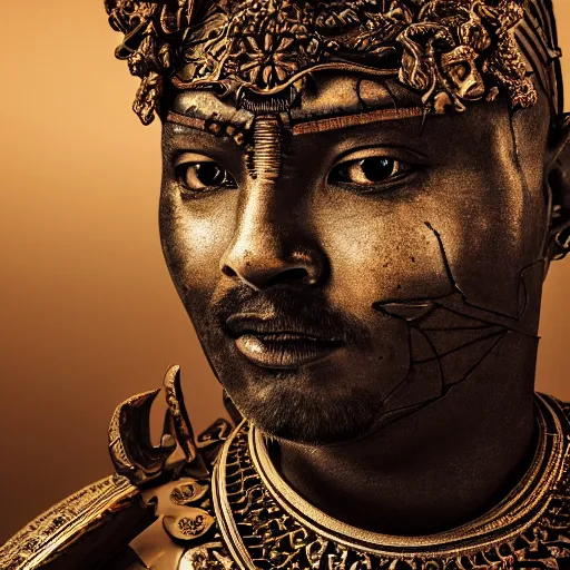 Prompt: an intricate photography portrait of a enigmatic terracota warrior soldier made of obsidian carving metal in a golden desert, extremely detailed, ornate, biomechanical, by wlop by jungyeonmin, james jean jhonseru jsezz, greg rutkowski, lens orbs, global illumination, japandi, hyperreal, micro details