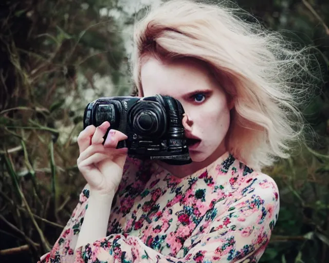 Image similar to pale young woman with bright blonde hair, freckles, gray eyes and a wide face, flowery dress, she is holding a professional dslr camera close to her face with one hand, dramatic lighting, bright flare, expressive, surrealist art by conrad roset