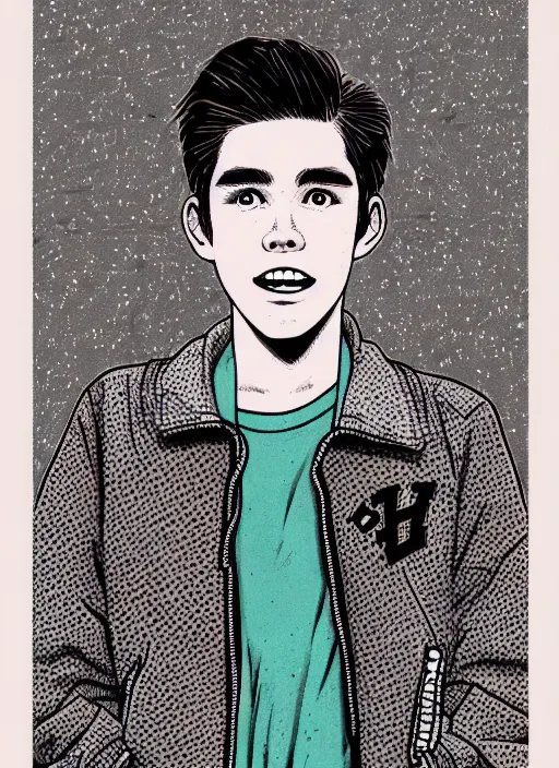 Image similar to portrait of teenage archie andrews, freckles, varsity jacket, intricate, highly detailed, illustration, art by junji ito, junji ito