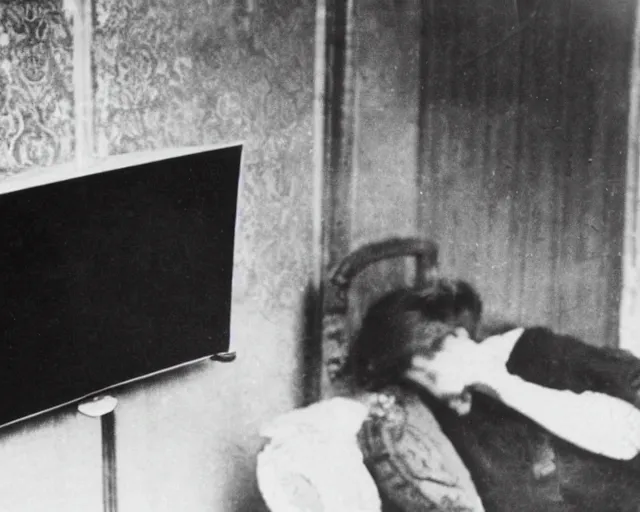 Image similar to 1 9 0 0 s photo of a person watching a flat screen hd tv