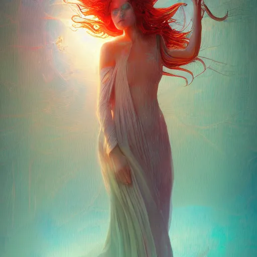 Prompt: ocean of canvas that catches fire, magical, concept art, art nouveau, inspired by Reylia Slaby, Peter Gric, trending on artstation, volumetric lighting, intricate, ornate, CGsociety: 3, hypermaximalist, octane render, micro details, 3d sculpture, ray tracing, 8kjpeg artifacts, dof, blur, text:-1