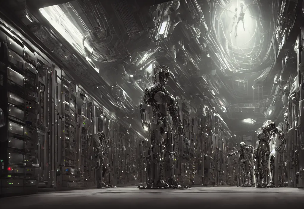 Image similar to shot of film cyborg, robot sci - fi, walking in server room in datacenter, natural light, elegant, atmospheric lighting intricate by barclay shaw, by karol bak, by yukito kishiro, octane render 8 k, detailed, beautiful composition, cyberpunk colors, ultra high details, cinematic composition, professional master piece