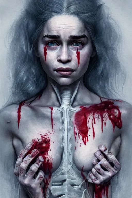 Image similar to woman covered with blood, covered with skeleton tattoo, emilia clarke face!!!, masterpiece portrait, long white hair, beautiful blue eyes, ultra realistic, concept art, intricate details, highly detailed, photorealistic, octane render, 8 k, unreal engine. retro film still, heavy grain, 3 5 mm, art by artgerm and greg rutkowski and alphonse mucha