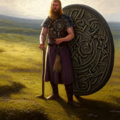 Prompt: a portrait of a viking warrior standing next by a large runestone with intricate runes on a grassy landscape, illustration, soft lighting, soft details, painting oil on canvas by Edmund Blair Leighton, Greg Rutkowski, trending on artstation, d&d characters, 4k, 8k, HD