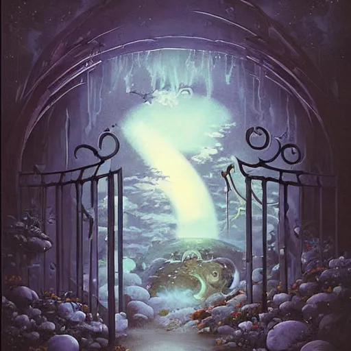 Image similar to gate portal with another world visible inside style studio ghibli and Gerald Brom, pixies flyng, dreamy, mystical, dark, fantasy