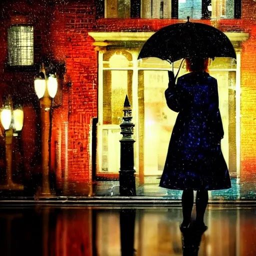 Image similar to of london city at night in the rain reflections and a beautiful women with an umbrella artistic digital art lots of detail cinematic uplighting