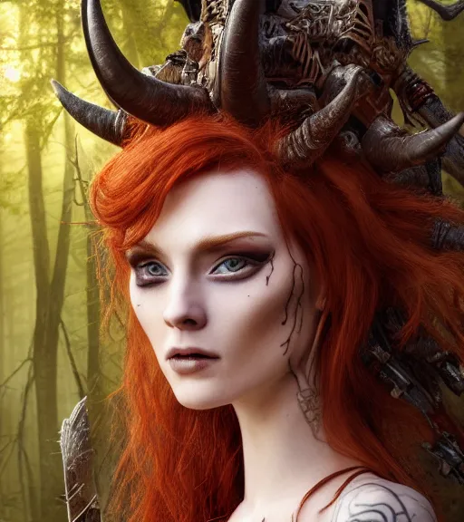 Image similar to 5 5 mm portrait of an armored gorgeous anesthetic redhead woman warrior with a face tattoo and horns growing from her head. in a magical forest in the style of stefan kostic, art by luis royo. highly detailed 8 k. intricate. lifelike. soft light. nikon d 8 5 0. cinematic post - processing