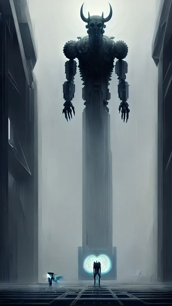 Prompt: Techno-God is an ancient mechanical gray giant horned humanoid standing in the inside a huge megastructure, fantasy art, 8k, painting by Greg Rutkowski