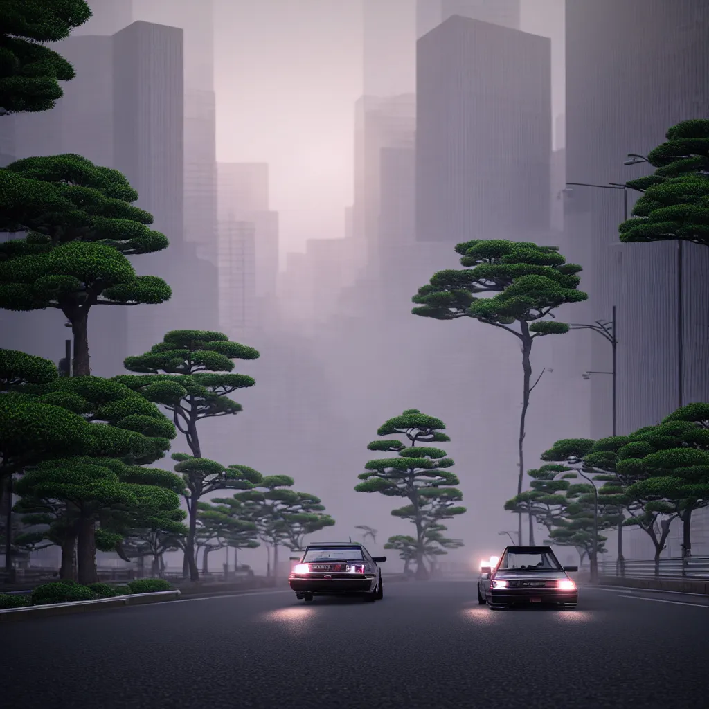 Image similar to car in center JZX100 twin turbo drift on a road, surrounded by trees and buidlings in Tokyo prefecture, rooftops are Japanese architecture, city at sunset heavy mist over streetlights, cinematic lighting, photorealistic, detailed wheels, highly detailed, ASDF render