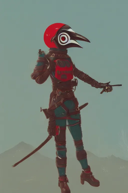 Image similar to female adventurer in tight full - body teal leather armor of japanese design with red accents and a white porcelain crow mask, trending in artstation, japanese, by simon stalenhag, establishing shot