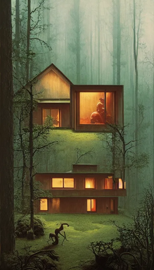 Image similar to cozy ultra modern home in the woods moody lighting, highly detailed, painting by zdzisław beksinski and norman rockwell and greg rutkowskiweta studio, and lucasfilm