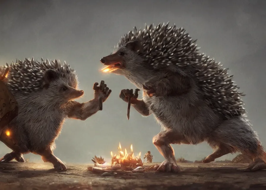 Image similar to muscular anthropomorphic hedgehog, buff hedgehog standing up, fantasy character art by Greg Rutkowski, HD render 4k