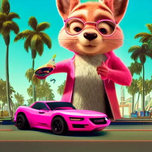 squirrel, neon pink, palm trees, furry, cute, smug Stable Diffusion