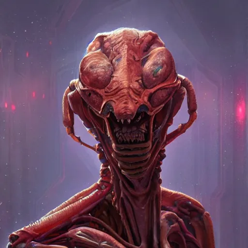 Image similar to scifi portrait by Greg Rutkowski, hideous monster made of twisted human flesh and reddish ooze, lumpy bloated upper body with elongated, thin limbs like a mantis, small head like a ball with two empty holes for eyes, only human beings are its legs, vicious appearance, scifi, space horror, digital painting, artstation, concept art, smooth, sharp foccus ilustration, Artstation HQ.