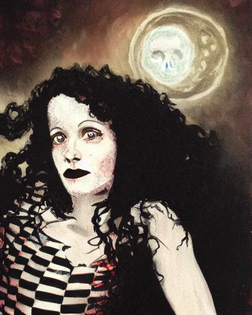 Prompt: a handsome but creepy, sinister, smiling young woman, with haunted eyes and curly hair, wearing punk clothing, 1 9 7 0 s, seventies, wallpaper, a little blood, moonlight showing injuries, delicate embellishments, painterly, offset printing technique, by brom, robert henri, walter popp