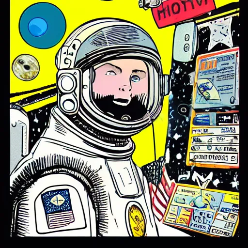 Image similar to illustration of butch tomboy stoic emotionless square - jawed heroic blonde woman astronaut wearing patched punk spacesuit, space helmet with stickers on it, stealing a rocket, pen and ink, ron cobb, mike mignogna, comic book, black and white, science fiction, punk, grunge, used future, illustration, comic book cover, - ar 1 6 : 9