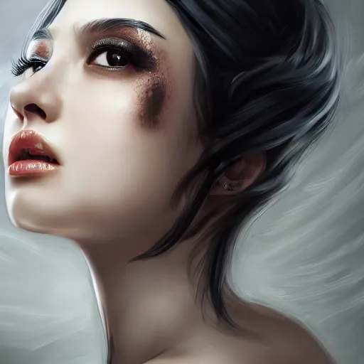 Image similar to a beautiful and elegant girl by wlop, black hair, dream, closeup headshot, high detailed, style of ghost blade, ultra - realistic painting.