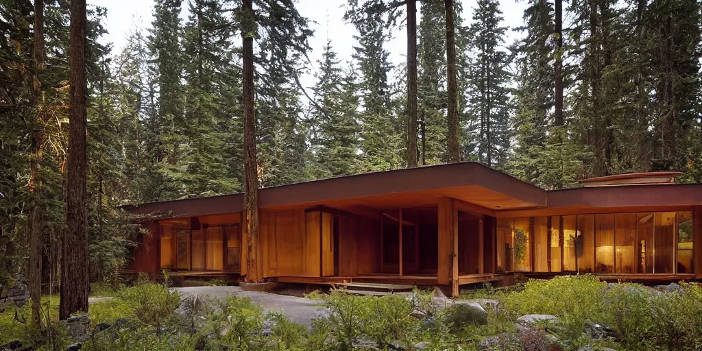 Image similar to large modern lodge, pacific northwest, cedar and concrete, many large windows, designed by frank lloyd wright and olson kundig