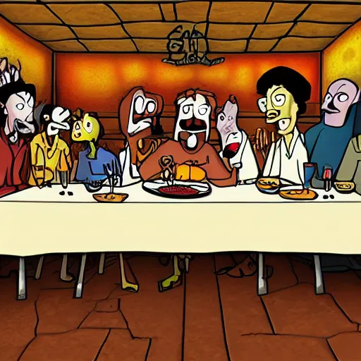 Image similar to the last supper in the style of courage the cowardly dog, detailed, hd, cartoon art,