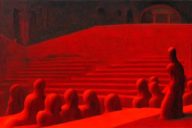 Image similar to only with red, a red great emperor, taormina amphitheatre, expressive crowd hails him, in the style of beksinski, parts by edward hopper, parts by rodcenko, parts by yue minjun, intricate and epic composition, red by caravaggio, insanely quality, highly detailed, masterpiece, red light, artstation, 4 k