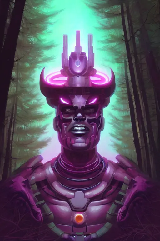 Image similar to Portrait of Galactus in neon forest, digital art from artstation by Andreas Rocha and Greg Rutkowski and Peter Mohrbacher