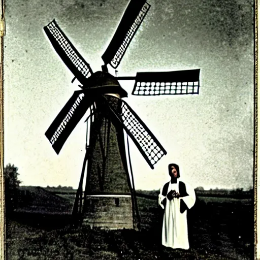 Image similar to an 1800s photo of a windmill. Cult worshippers in robes.